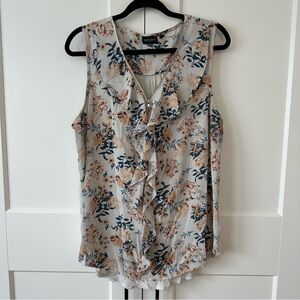 Floral Ruffle Front Sleeveless Top with Zipper, Cream and Navy, 2X